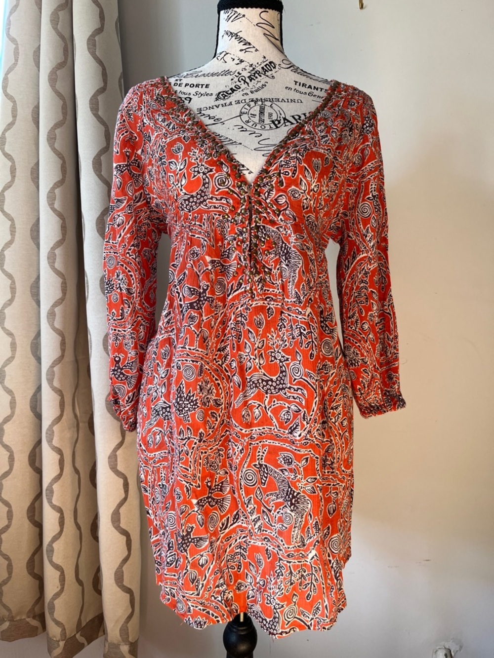 Joie a La Plage Vacation Boho Resort Cover Up V-Neck Tunic Dress Womens Sz:S